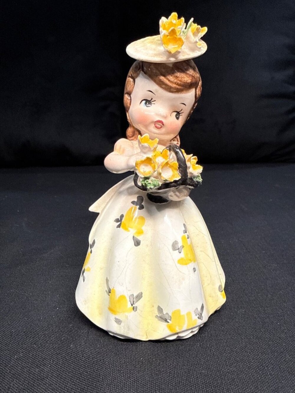 Vintage Mid Century Ceramic Girl Figurine With Yellow Flowers & Hat